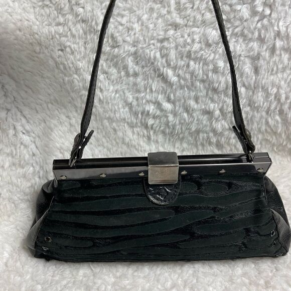 Patricia Nash Black leather & calf hair zebra Stripes silver tone frame Satchel - Picture 6 of 16